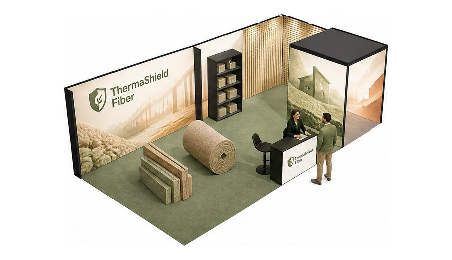 Stoisko 8 × 4 m narożne prawe dla branży izolacje techniczne, przykładowa marka ThermaShield Fiber