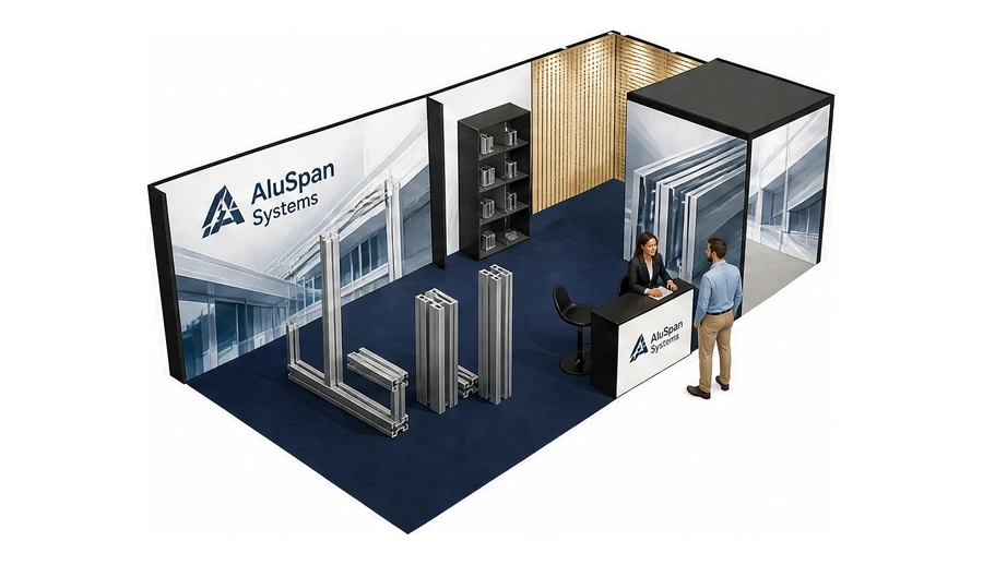 Stoisko 8 × 4 m narożne prawe dla branży profile aluminiowe, przykładowa marka AluSpan Systems
