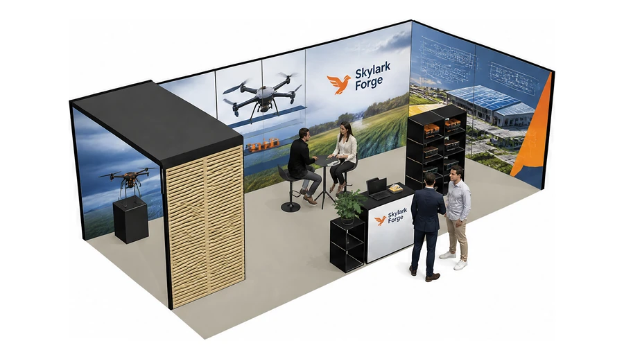 Stoisko 8 × 4 m narożne prawe dla branży drony i robotyka, przykładowa marka Skylark Forge