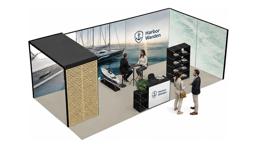 Stoisko 8 × 4 m narożne prawe dla branży jachty i łodzie, przykładowa marka Harbor Warden
