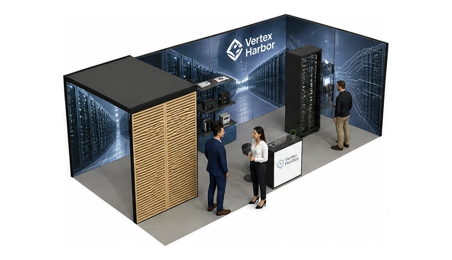 Stoisko 8 × 4 m narożne prawe dla branży infrastruktura IT i data center, przykładowa marka Vertex Harbor