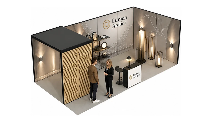 Stoisko 8 × 4 m narożne prawe dla branży oświetlenie, przykładowa marka Lumen Atelier