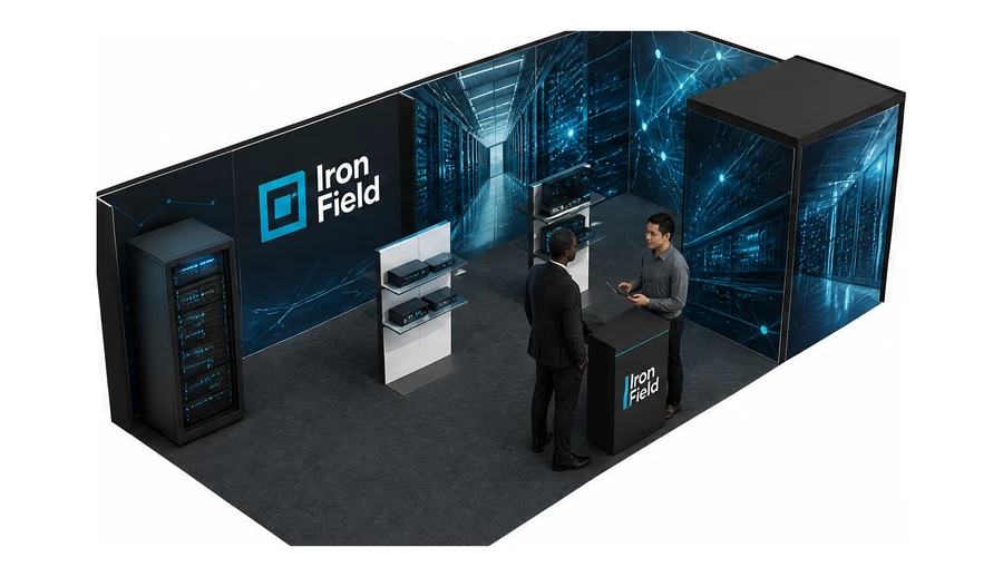 Stoisko 8 × 4 m narożne prawe dla branży infrastruktura IT i data center, przykładowa marka Iron Field