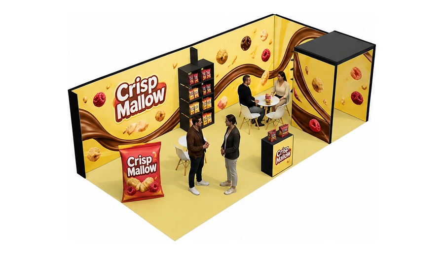 Stoisko 8 × 4 m narożne prawe dla branży słodycze i przekąski, przykładowa marka Crisp Mallow