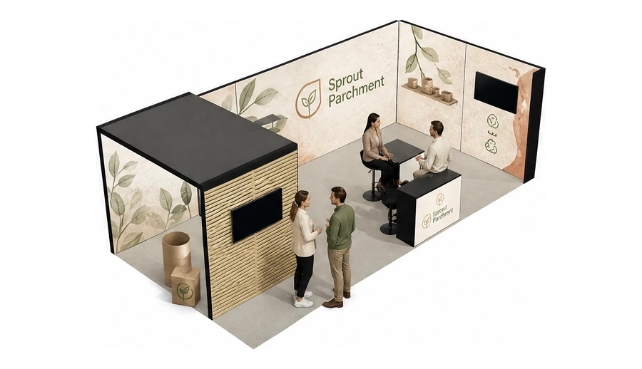 Stoisko 8 × 4 m narożne prawe dla branży opakowania ekologiczne, przykładowa marka Sprout Parchment