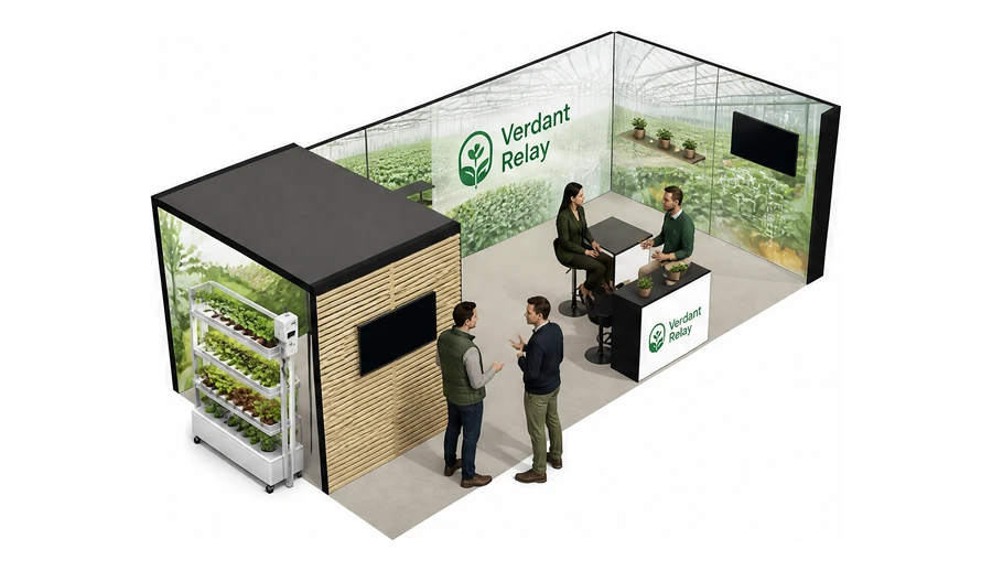 Stoisko 8 × 4 m narożne prawe dla branży sadownictwo i warzywnictwo, przykładowa marka Verdant Relay