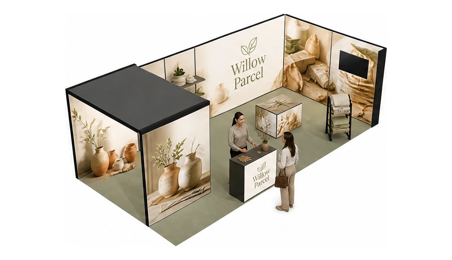 Stoisko 8 × 4 m narożne prawe dla branży dekoracje i upominki, przykładowa marka Willow Parcel