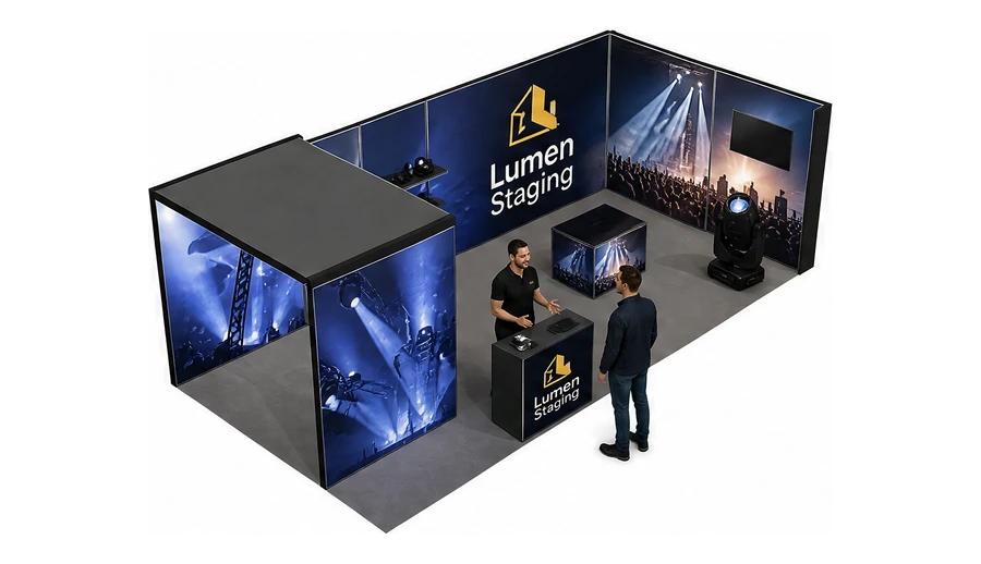 Stoisko 8 × 4 m narożne prawe dla branży branża eventowa, przykładowa marka Lumen Staging