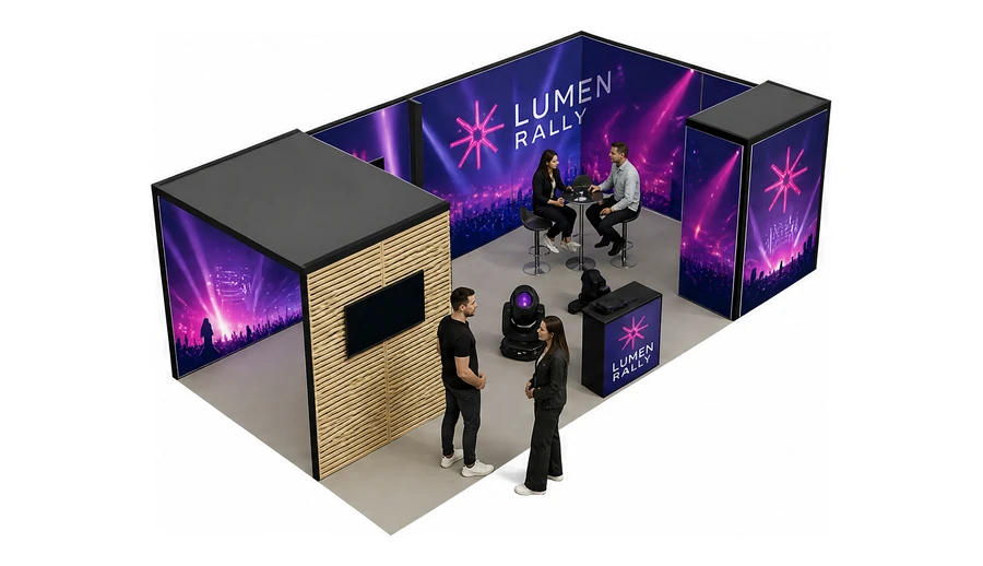 Stoisko 8 × 4 m narożne prawe dla branży branża eventowa, przykładowa marka Lumen Rally