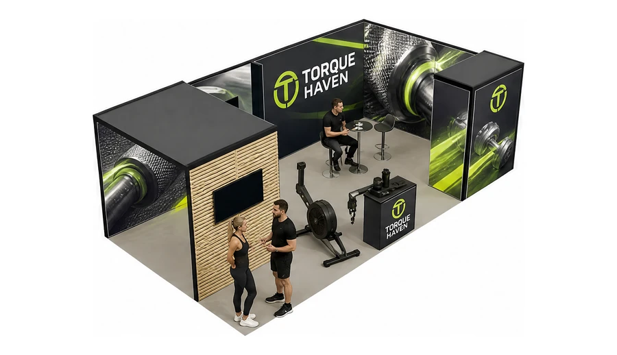 Stoisko 8 × 4 m narożne prawe dla branży fitness i siłownie, przykładowa marka Torque Haven
