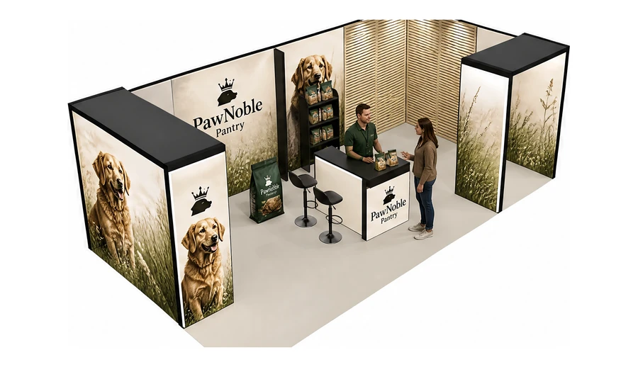 Stoisko 8 × 4 m narożne prawe dla branży karma dla zwierząt, przykładowa marka PawNoble Pantry