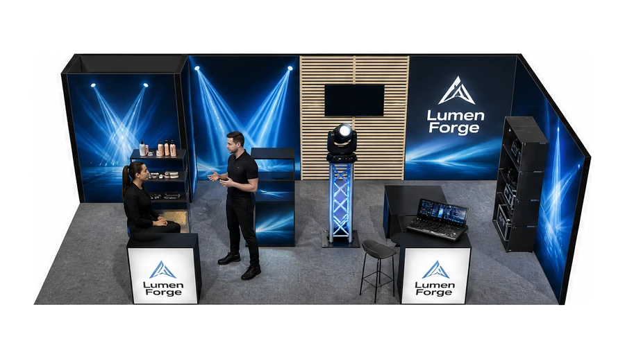 Stoisko 8 × 4 m narożne prawe dla branży branża eventowa, przykładowa marka Lumen Forge