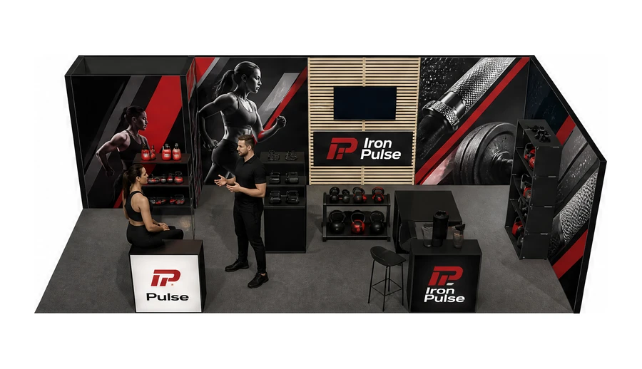 Stoisko 8 × 4 m narożne prawe dla branży fitness i siłownie, przykładowa marka Iron Pulse
