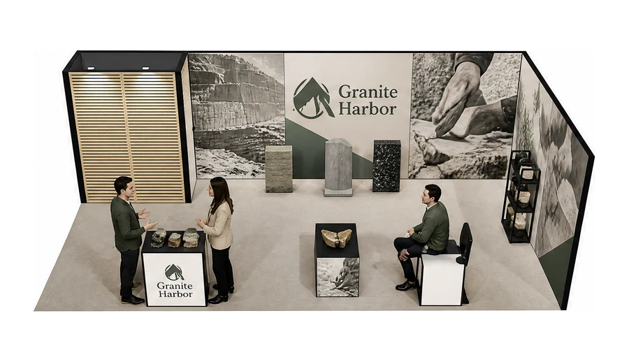 Stoisko 8 × 4 m narożne prawe dla branży kamień i kamieniarstwo, przykładowa marka Granite Harbor