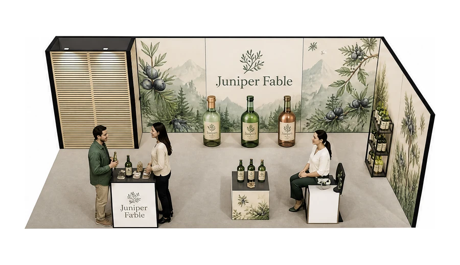 Stoisko 8 × 4 m narożne prawe dla branży napoje, przykładowa marka Juniper Fable