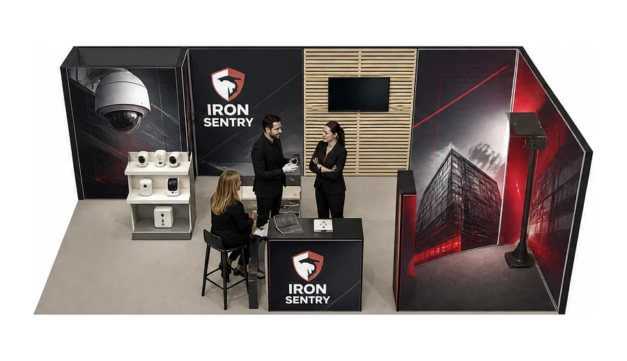 Stoisko 8 × 4 m narożne prawe dla branży systemy zabezpieczeń, przykładowa marka Iron Sentry