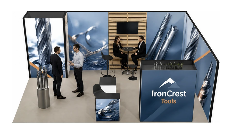 Stoisko 8 × 4 m narożne prawe dla branży obrabiarki i narzędzia, przykładowa marka IronCrest Tools