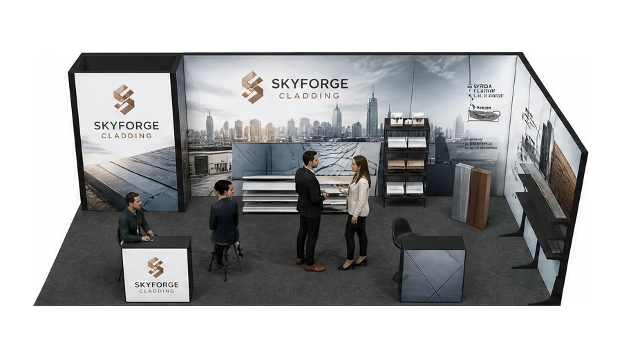 Stoisko 8 × 4 m narożne prawe dla branży dachy i elewacje, przykładowa marka Skyforge Cladding
