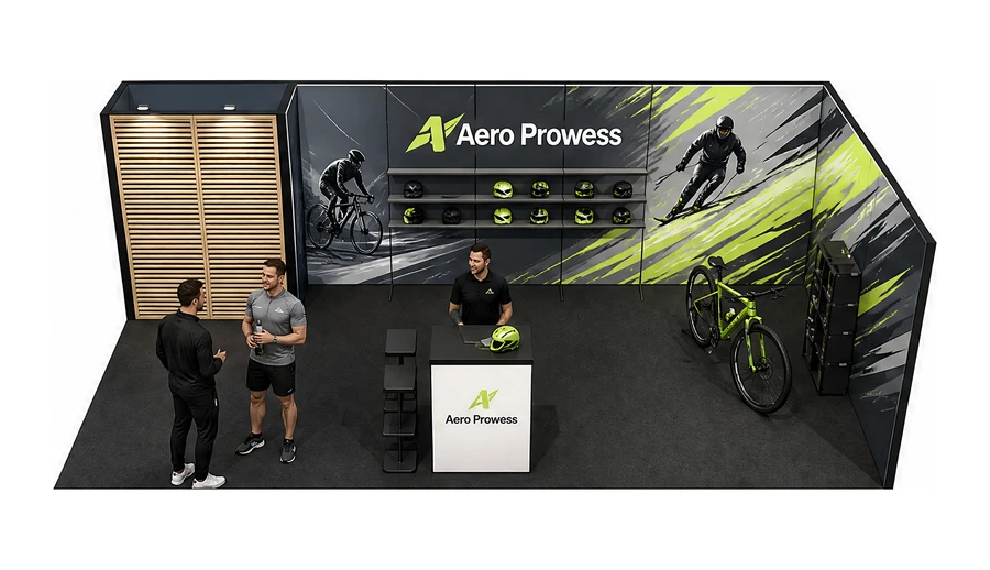 Stoisko 8 × 4 m narożne prawe dla branży sprzęt sportowy, przykładowa marka Aero Prowess
