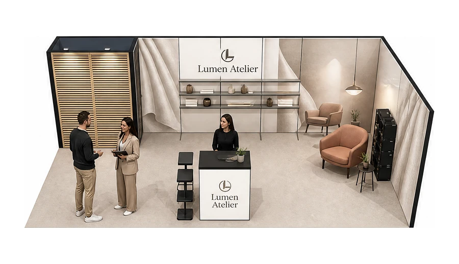 Stoisko 8 × 4 m narożne prawe dla branży meble designerskie, przykładowa marka Lumen Atelier