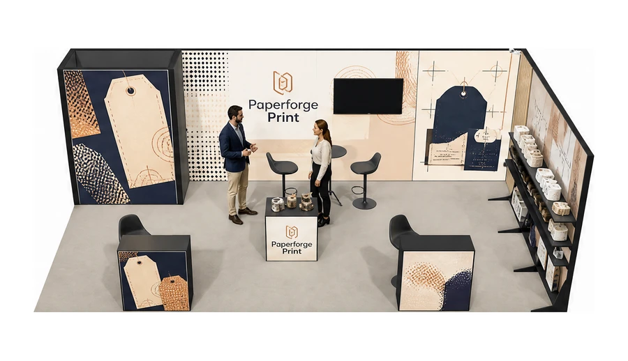 Stoisko 8 × 4 m narożne prawe dla branży etykiety i poligrafia, przykładowa marka Paperforge Print
