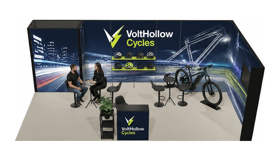 Stoisko 8 × 4 m narożne prawe dla branży rowery elektryczne, przykładowa marka VoltHollow Cycles