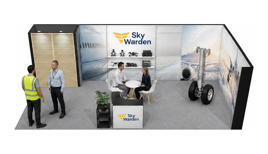 Stoisko 8 × 4 m narożne prawe dla branży lotnictwo, przykładowa marka Sky Warden