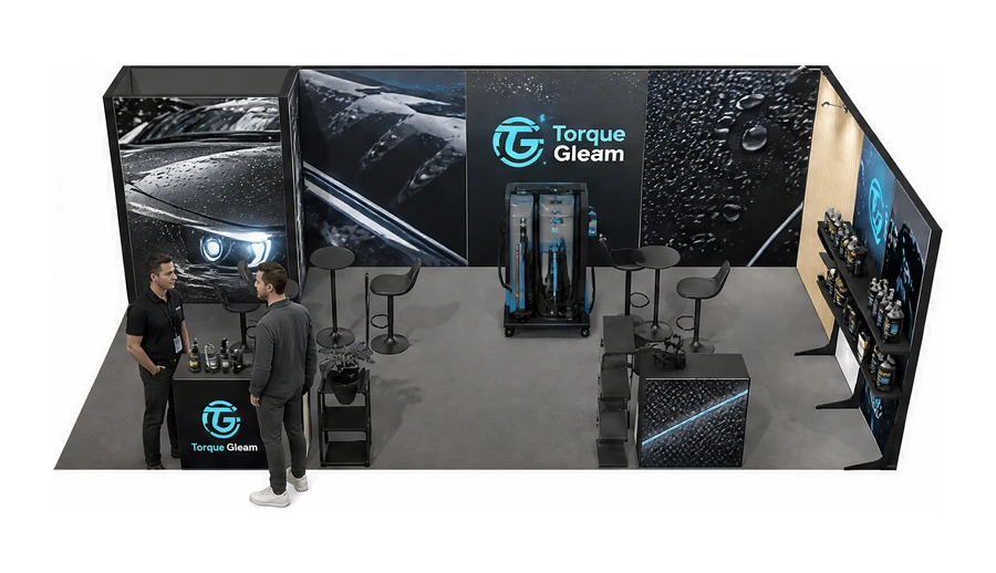 Stoisko 8 × 4 m narożne prawe dla branży tuning i detailing, przykładowa marka Torque Gleam