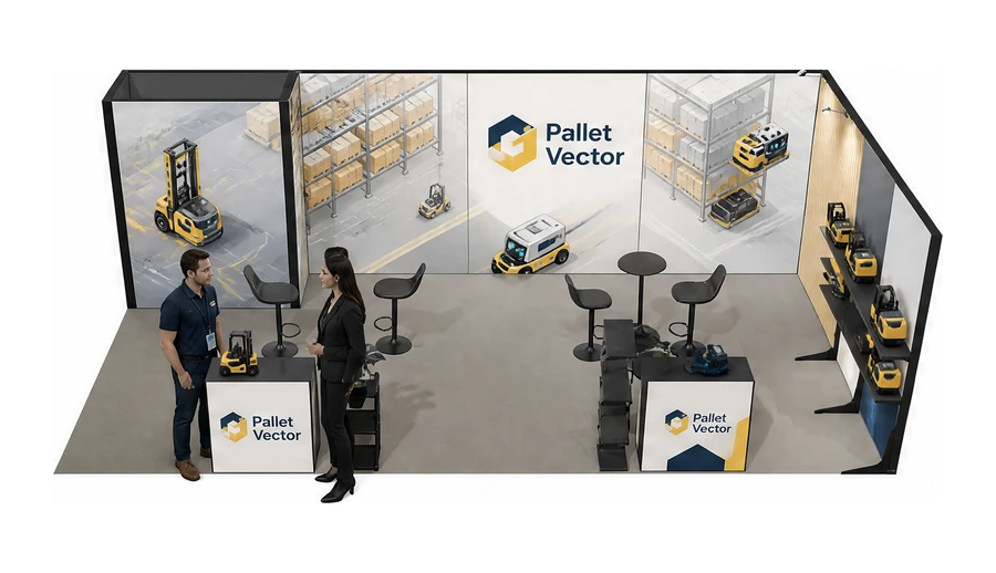 Stoisko 8 × 4 m narożne prawe dla branży intralogistyka i magazyn, przykładowa marka Pallet Vector