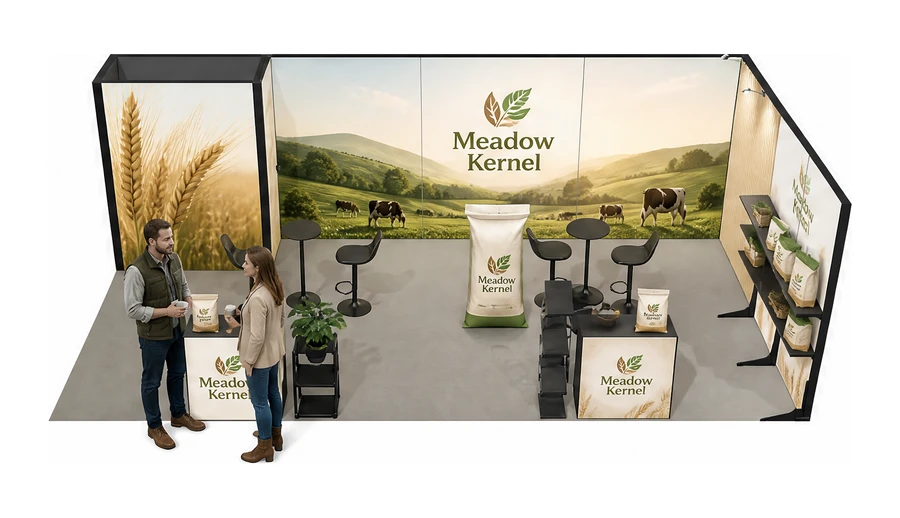 Stoisko 8 × 4 m narożne prawe dla branży hodowla i pasze, przykładowa marka Meadow Kernel