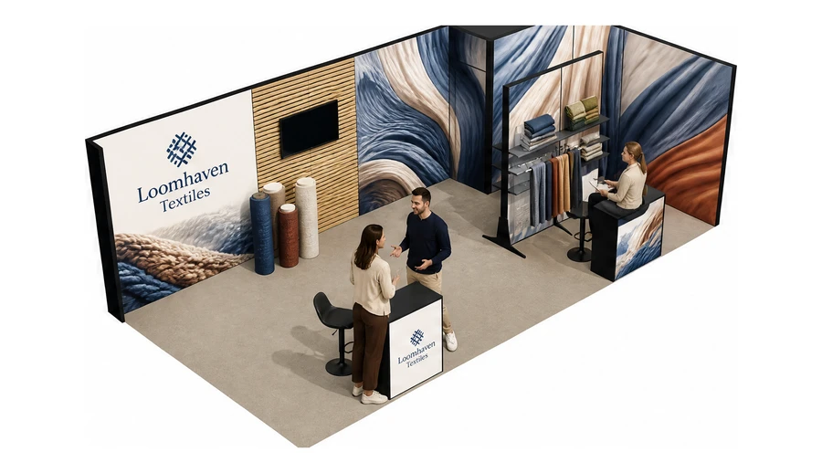 Stoisko 8 × 4 m narożne prawe dla branży tekstylia i tkaniny, przykładowa marka Loomhaven Textiles
