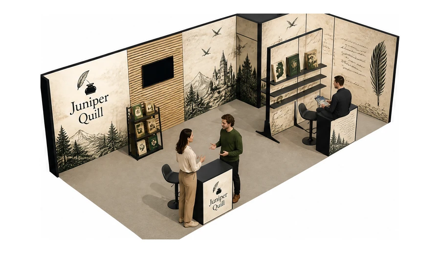 Stoisko 8 × 4 m narożne prawe dla branży wydawnictwa, przykładowa marka Juniper Quill