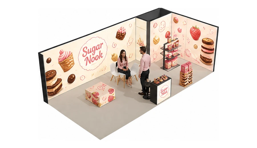 Stoisko 8 × 4 m narożne prawe dla branży słodycze i przekąski, przykładowa marka Sugar Nook