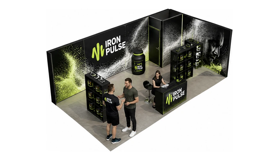 Stoisko 8 × 4 m narożne prawe dla branży suplementy diety, przykładowa marka Iron Pulse