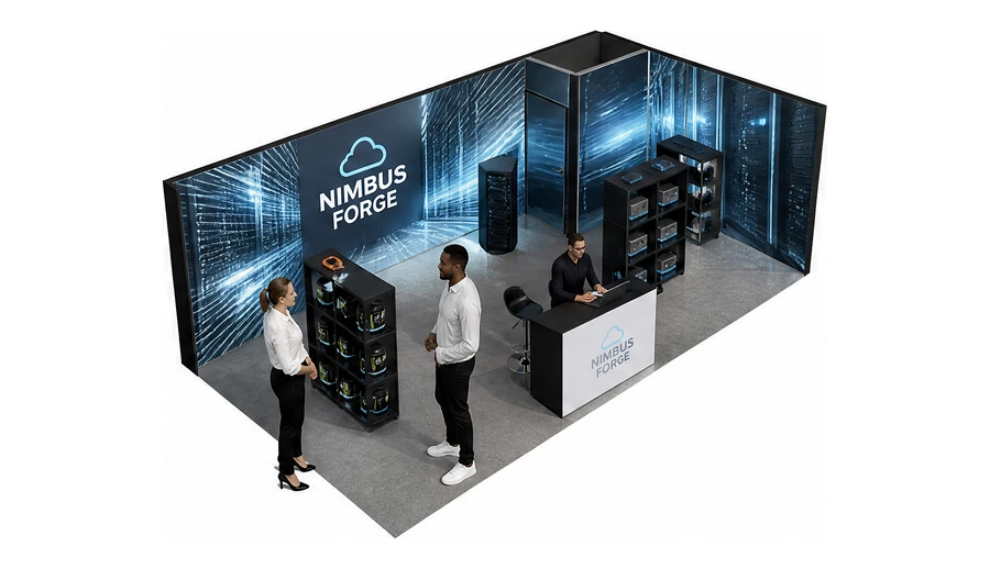 Stoisko 8 × 4 m narożne prawe dla branży infrastruktura IT i data center, przykładowa marka Nimbus Forge
