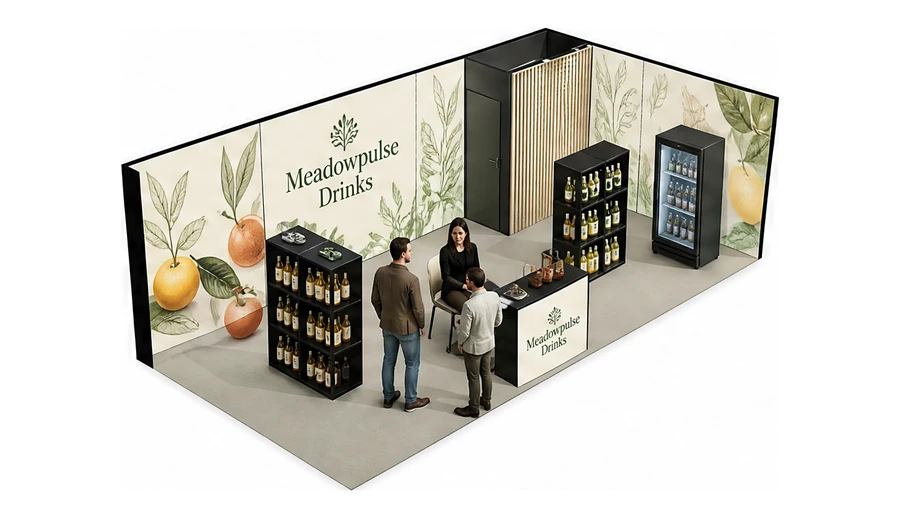 Stoisko 8 × 4 m narożne prawe dla branży napoje, przykładowa marka Meadowpulse Drinks
