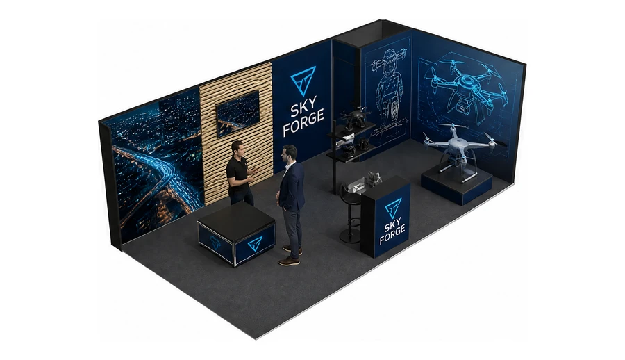 Stoisko 8 × 4 m narożne prawe dla branży drony i robotyka, przykładowa marka Sky Forge