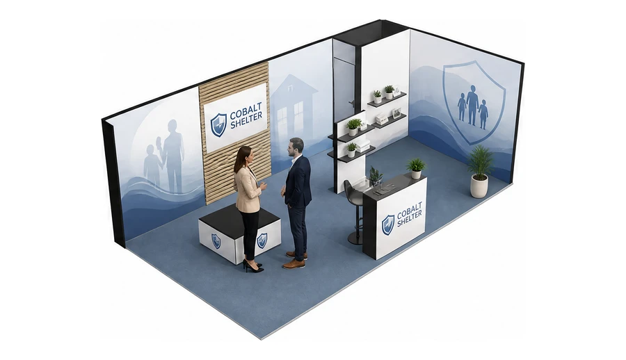 Stoisko 8 × 4 m narożne prawe dla branży ubezpieczenia, przykładowa marka Cobalt Shelter