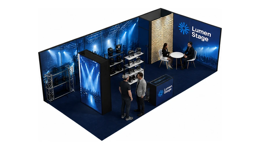 Stoisko 8 × 4 m narożne prawe dla branży branża eventowa, przykładowa marka Lumen Stage