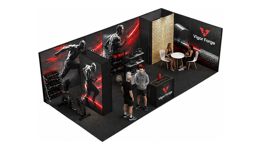 Stoisko 8 × 4 m narożne prawe dla branży fitness i siłownie, przykładowa marka Vigor Forge
