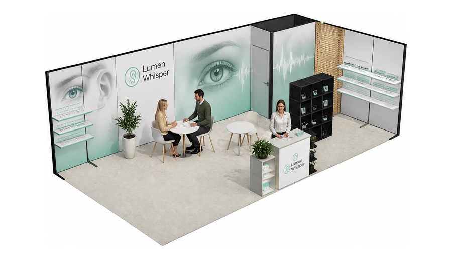 Stoisko 8 × 4 m narożne prawe dla branży optyka i audiologia, przykładowa marka Lumen Whisper