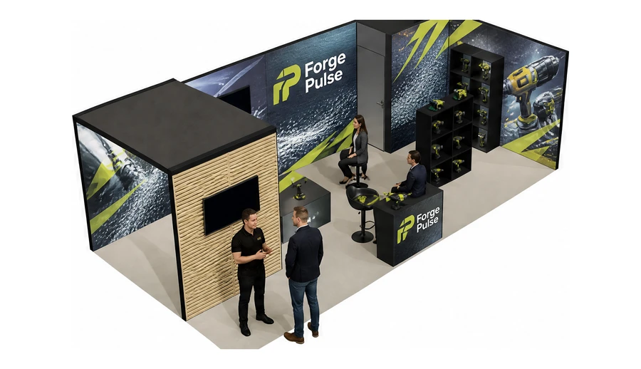 Stoisko 8 × 4 m narożne prawe dla branży elektronarzędzia, przykładowa marka Forge Pulse