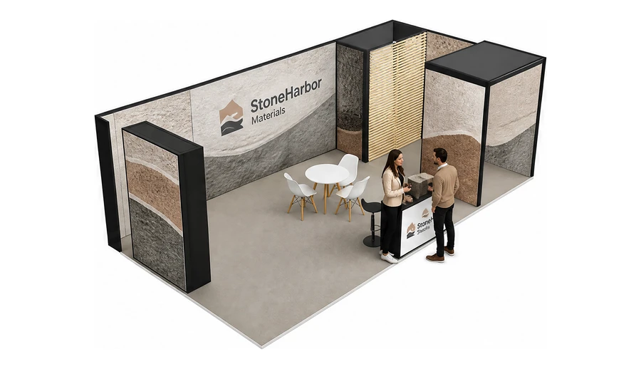 Stoisko 8 × 4 m narożne prawe dla branży materiały budowlane, przykładowa marka StoneHarbor Materials