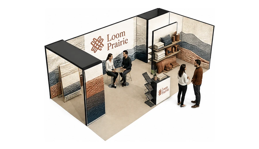 Stoisko 8 × 4 m narożne prawe dla branży tekstylia i tkaniny, przykładowa marka Loom Prairie