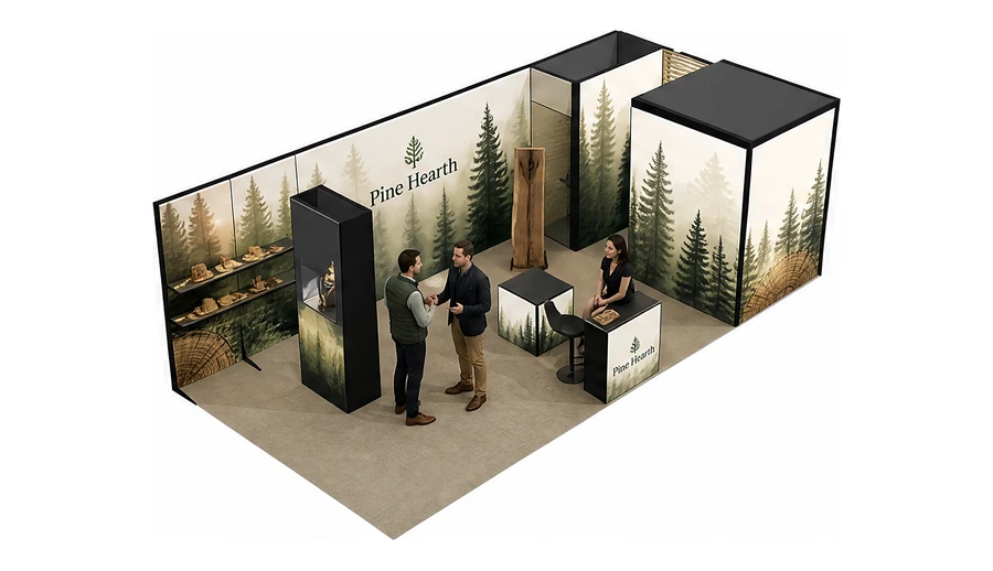 Stoisko 8 × 4 m narożne prawe dla branży leśnictwo i przemysł drzewny, przykładowa marka Pine Hearth