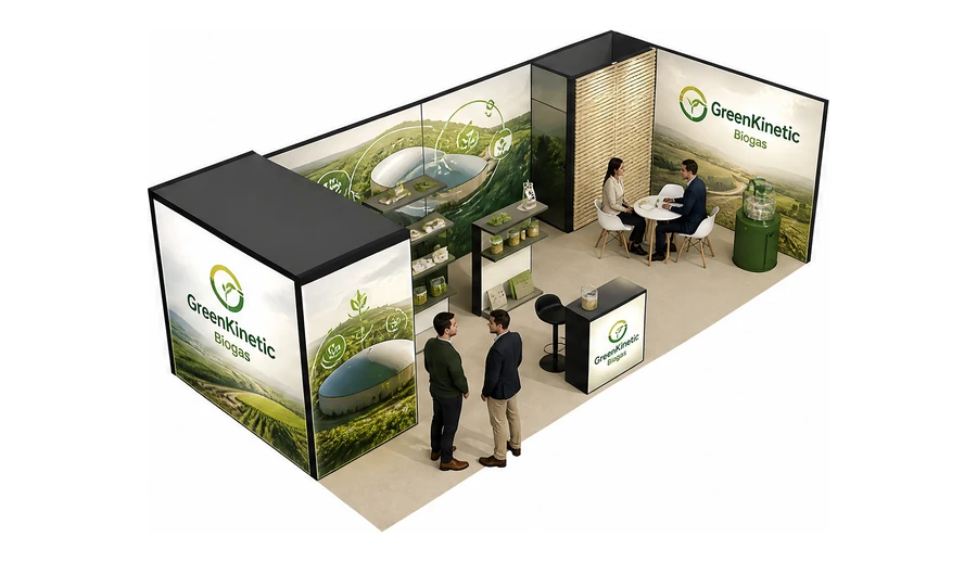 Stoisko 8 × 4 m narożne prawe dla branży biogaz i OZE, przykładowa marka GreenKinetic Biogas