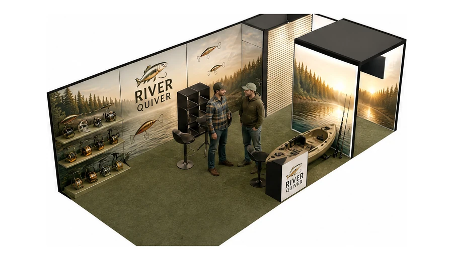 Stoisko 8 × 4 m narożne prawe dla branży wędkarstwo, przykładowa marka River Quiver