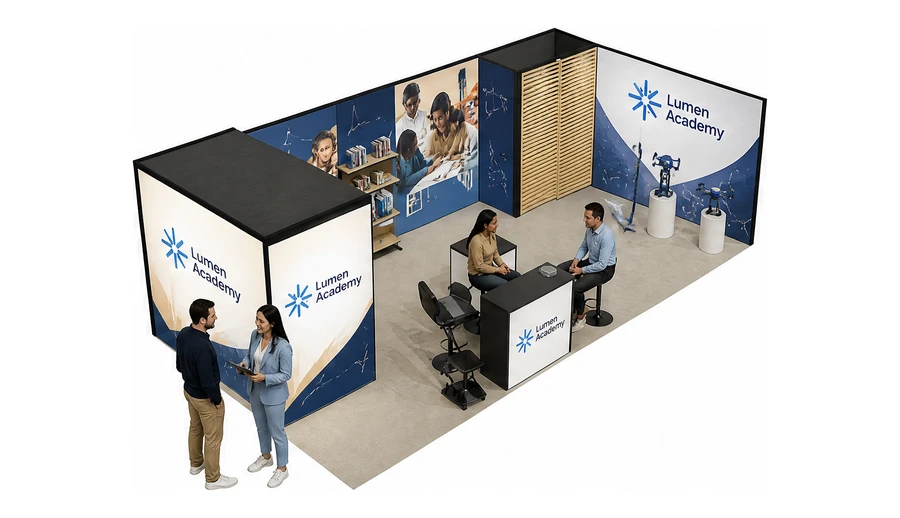 Stoisko 8 × 4 m narożne prawe dla branży edukacja i szkolenia, przykładowa marka Lumen Academy