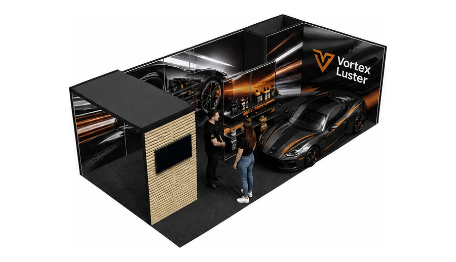 Stoisko 8 × 4 m narożne prawe dla branży tuning i detailing, przykładowa marka Vortex Luster