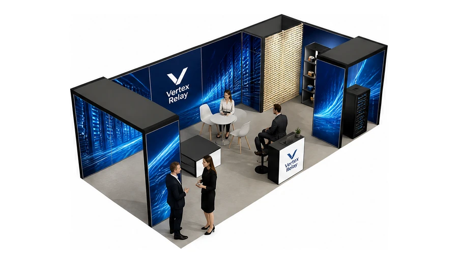 Stoisko 8 × 4 m narożne prawe dla branży infrastruktura IT i data center, przykładowa marka Vertex Relay